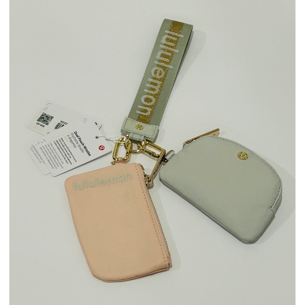 Lululemon Dual Pouch Wristlet Pink Sage Green Gold Logo NWT